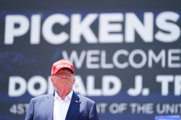 Former President Donald Trump reacts to crowd applause during a campaign event in Pickens, S.C., on July 1, 2023. (Sean Rayford/Getty Images)