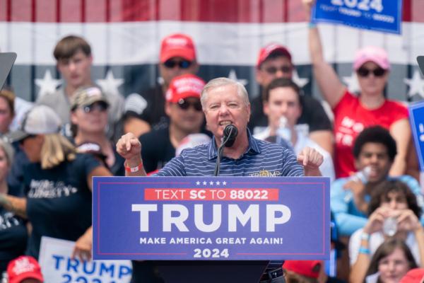 Sen. Lindsey Graham (R-S.C.) speaks to crowd during a campaign event for former president Donald Trump in Pickens, S.C., on July 1, 2023. (Sean Rayford/Getty Images)