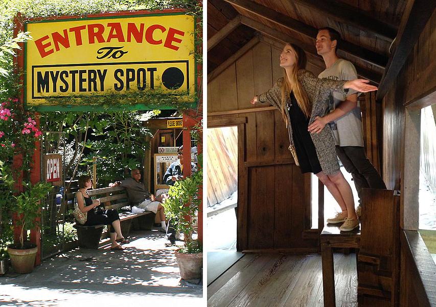 Left: The entrance to the Mystery Spot, located in the redwood mountains outside Santa Cruz (<a href="https://commons.wikimedia.org/wiki/File:Mystery_spot_entrance.jpg">Sanjay ach</a>/CC BY 3.0); Right: Not all things are as they seem at the Mystery Spot in the woods outside Santa Cruz. (<a href="https://commons.wikimedia.org/wiki/File:Leaning_on_a_table.jpg">Briellecfarmer</a>/CC BY 4.0)