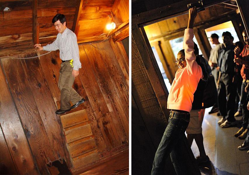 Visitors stand sideways on walls and hang at precarious angles on sloped floors at the Mystery Spot outside Santa Cruz. (Left: Katharina Volkers/The Epoch Times; Right: <a href="https://commons.wikimedia.org/wiki/File:Illusion_at_mystery_spot_santa_cruz_california.jpg">Lawrence Lansing</a>/CC BY 3.0)