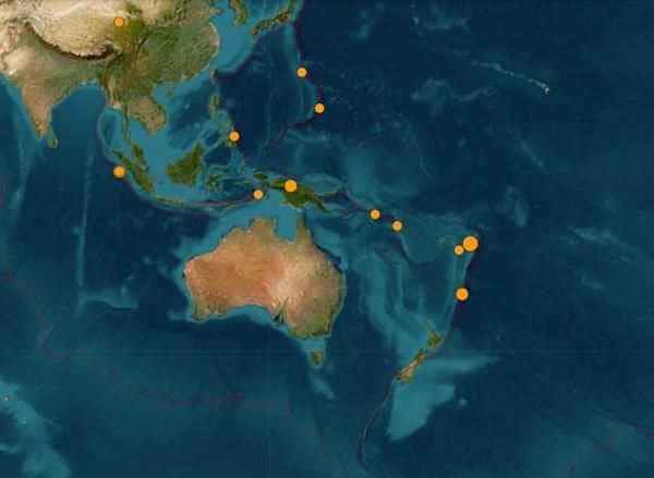 Earthquakes in the Western Pacific that registered over 2.5 magnitude in strength on July 2, 2023. (Screenshot via The Epoch Times/USGS)