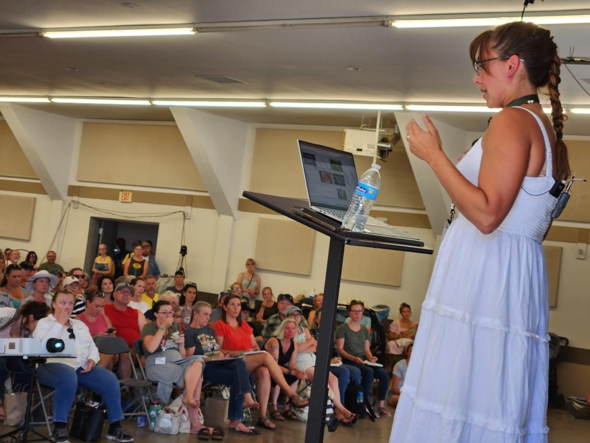Idaho homesteader Melissa Norris, co-founder of The Modern Homesteading Conference, talks about growing and preserving a year's supply of food on July 1, 2023. (Allan Stein/The Epoch Times)