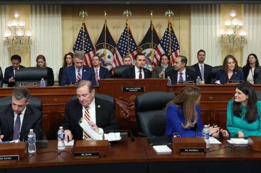 Chairman Mike Gallagher (R-WI) (C) joins fellow committee members during the first hearing of the U.S. House Select Committee on Strategic Competition between the United States and the Chinese Communist Party, in Washington, DC, on Feb. 23, 2023. The committee is investigating economic, technological and security competition between the U.S. and China. (Photo by Kevin Dietsch/Getty Images)