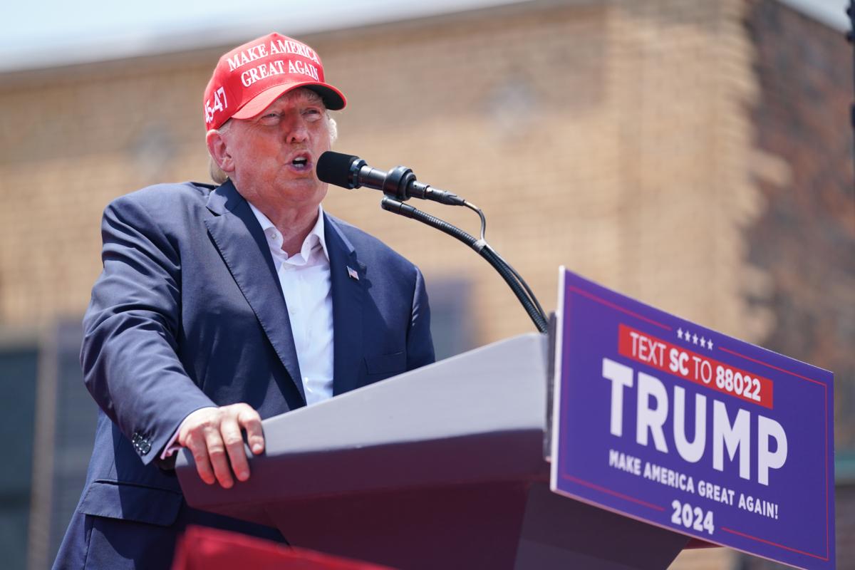 Former US President Donald Trump speaks to the crowd during a campaign event in Pickens, South Carolina on July 1, 2023. (Sean Rayford/Getty Images)