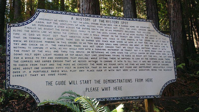 A sign at the Mystery Spot reveals the history behind the strange and wonderful place. (<a href="https://commons.wikimedia.org/wiki/File:History_of_mystery_spot,_USA.jpg">Tshrinivasan</a>/CC BY 3.0)