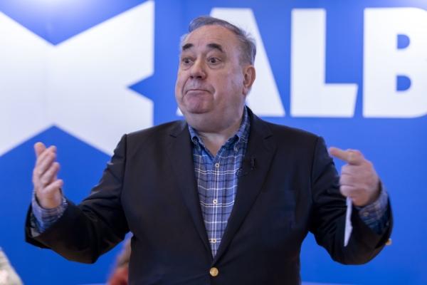 Alba party leader Alex Salmond speaking at an Alba Special National Assembly meeting of over 300 independence activists at the Charteris Centre in Edinburgh, on Jan. 14, 2023. (Robert Perry/PA Media)