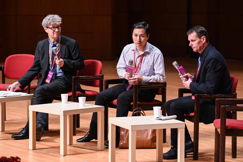 Chinese scientist He Jiankui (C) takes part in a question and answer session after speaking at the Second International Summit on Human Genome Editing in Hong Kong on Nov. 28, 2018. (Anthony Wallace/AFP via Getty Images)