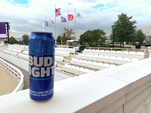 A 12-ounce can of Bud Light on a railing at the World Equestrian Center in Ocala, Fla., on May 26, 2023. (T.J. Muscaro/The Epoch Times)
