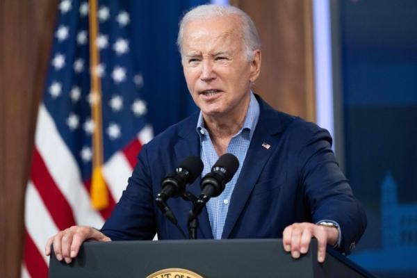 President Joe Biden speaks to the National Education Association Annual Representative Assembly virtually from the Eisenhower Executive Office Building in Washington on July 4, 2023. (Saul Loeb/AFP via Getty Images)