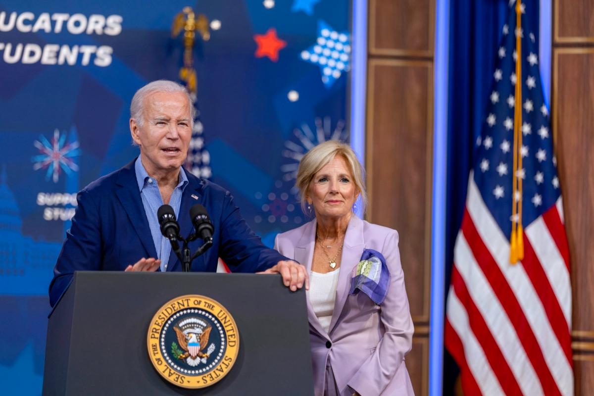 President Joe Biden and First Lady Jill Biden speak at the The National Education Association Event at the White House, on July 4, 2023. (Tasos Katopodis/Getty Images)