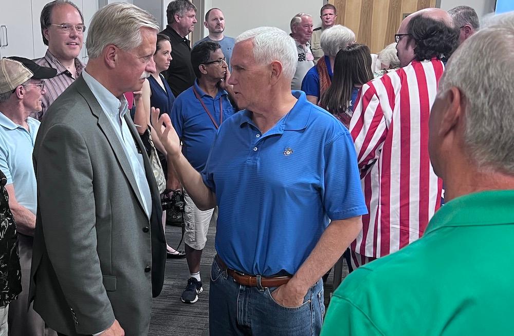 Former Vice President Mike Pence speaks with attendees at a campaign event in Boone, Iowa, on July 4, 2023. (Lawrence Wilson / The Epoch Times)