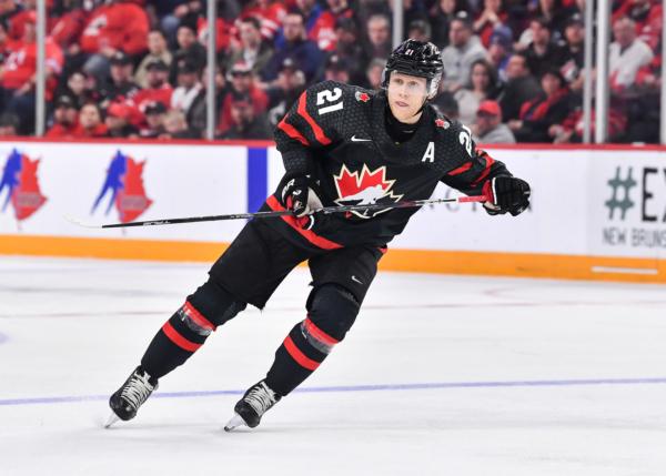 Nathan Gaucher (21) of Team Canada skates against Team Slovakia during the second period in the quarterfinals of the 2023 IIHF World Junior Championship at Scotiabank Centre in Halifax, Nova Scotia, Canada, on Jan. 2, 2023. Team Canada defeated Team Slovakia 4–3 in overtime. (Minas Panagiotakis/Getty Images)