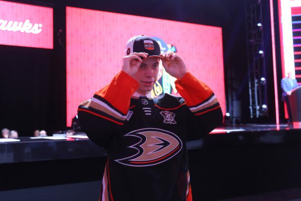 Nico Myatovic celebrates after being selected 33rd overall pick by the Anaheim Ducks during the 2023 Upper Deck NHL Draft at Bridgestone Arena in Nashville, Tenn., on June 29, 2023. (Bruce Bennett/Getty Images)