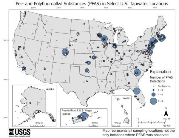 This USGS map shows the number of PFAS detected in tap water samples from select sites across the nation. The findings are based on a USGS study of samples taken between 2016 and 2021 from private and public supplies at 716 locations. The map does not represent the only locations in the U.S. with PFAS. (USGS)