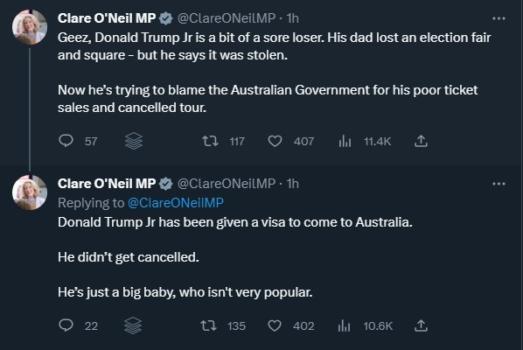Screenshot of a now-deleted Twitter post by Australian Labor Home Affairs Minister Clare O'Neil criticising Donald Trump Jr. (Screenshot/The Epoch Times)