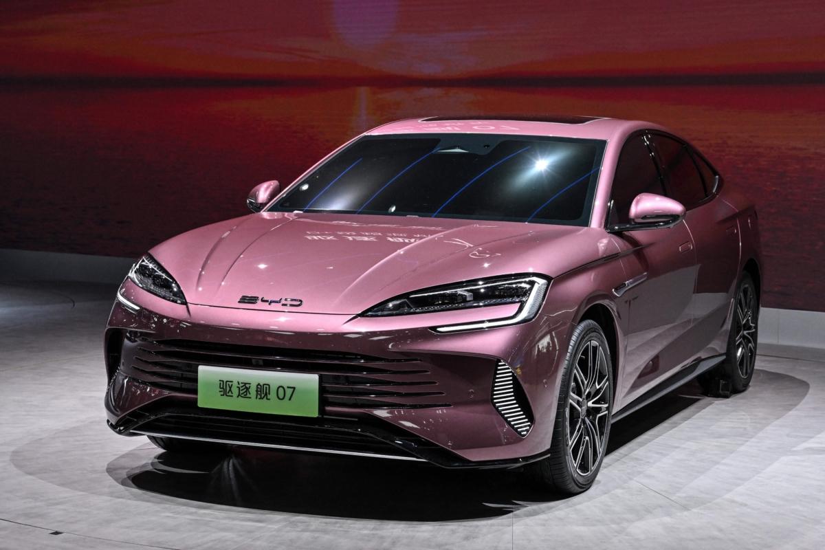 A BYD Destroyer 07 car is displayed at the 20th Shanghai International Automobile Industry Exhibition in Shanghai, China, on April 18, 2023. (Hector Retamal/AFP via Getty Images)