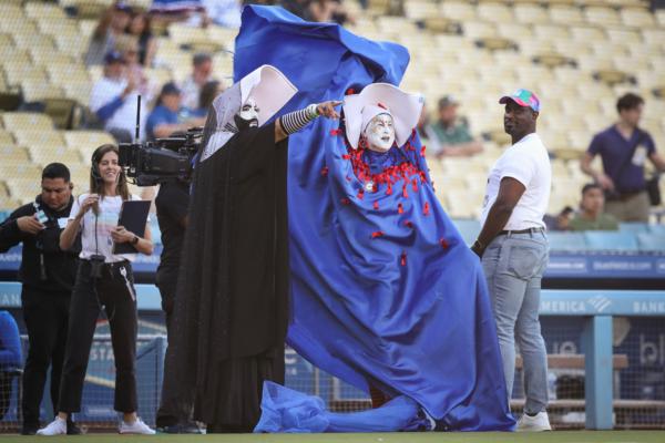 The Sisters of Perpetual Indulgence are recognized before the game between the Los Angeles Dodgers and the San Francisco Giants at Dodger Stadium in Los Angeles, Calif., on June 16, 2023. (Meg Oliphant/Getty Images)
