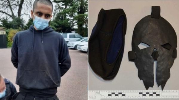 Jaswail Singh Chail (L), who had been wearing a mask (R), after his arrest in the grounds of Windsor Castle in Windsor, England, on Dec. 25, 2021. (Metropolitan Police)