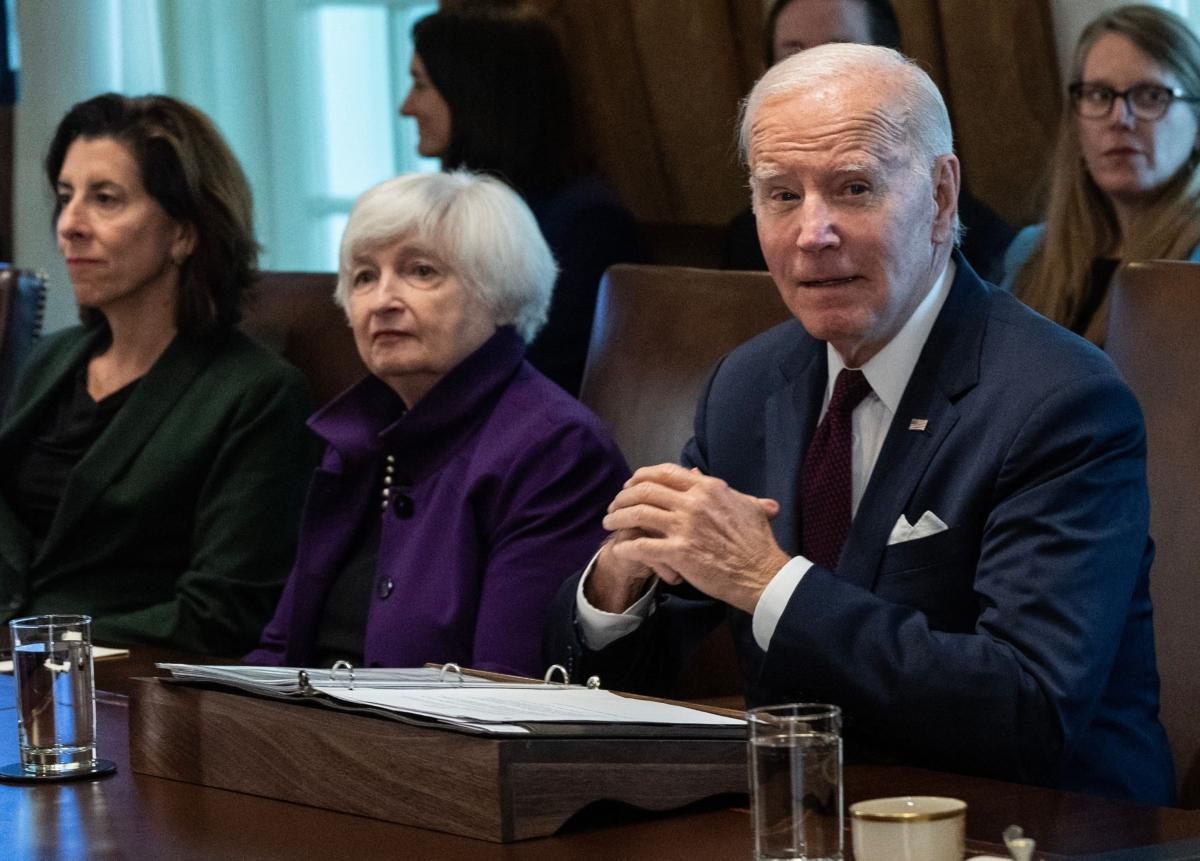 (L-2) Treasury Secretary Janet Yellen looks on as U.S. President Joe Biden speaks during a cabinet meeting at the White House on June 6, 2023. (Andrew Caballero-Reynolds/AFP via Getty Images)