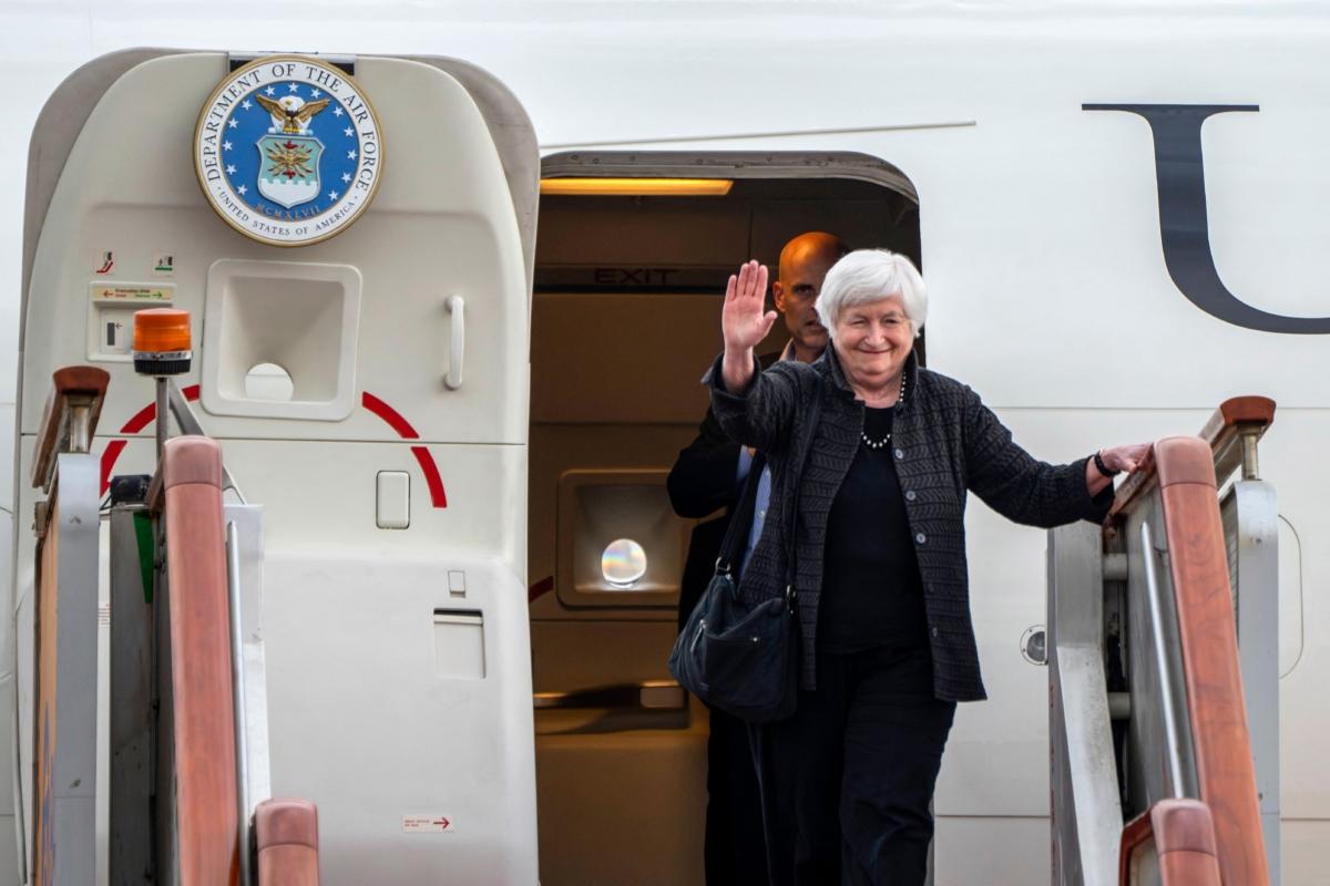 U.S. Treasury Secretary Janet Yellen arrives at Beijing Capital International Airport in Beijing on July 6, 2023. (Mark Schiefelbein/Pool/AFP via Getty Images)