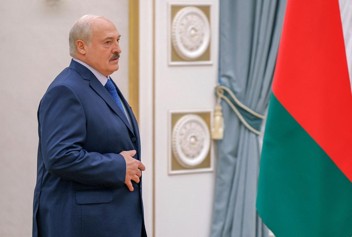 Belarusian President Alexander Lukashenko walks before a press conference in Minsk, Belarus, on July 6, 2023. (Maxim Shemetov/Reuters)