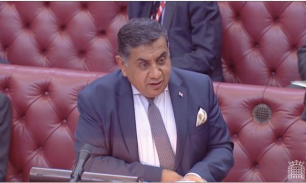 Lord Ahmad speaking during oral questions over Beijing's bounty threat to exiled Hong Kongers living in the UK, in the House of Lords, in London on July 6, 2023. (Parliament TV/Screenshot via The Epoch Times)