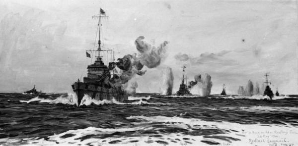 Painting of Rear Admiral Rawling's force under attack on May 28, 1941, by Lt. Cmdr. R. Langmaid, Rn, Official Fleet Artist. (Public Domain)