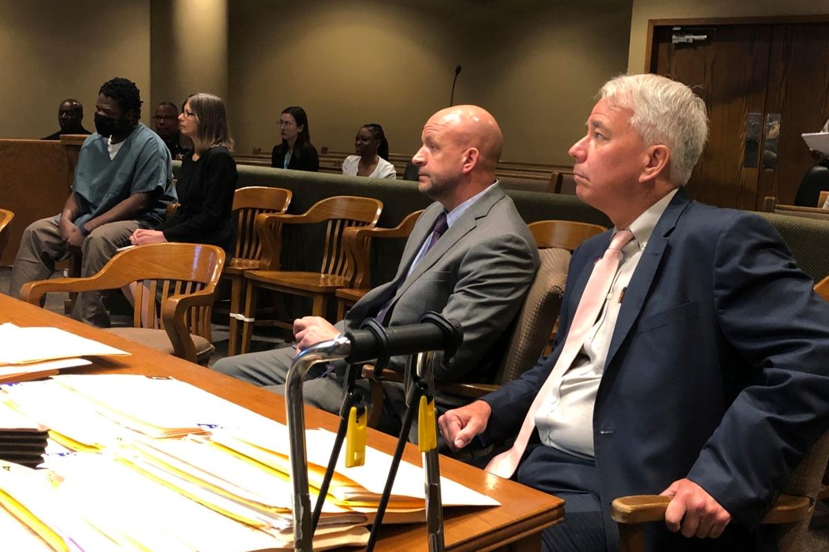 (L–R) Cleotha Abston, his lawyer Jennifer Case, prosecutor Paul Hagerman, and Shelby County District Attorney Steve Mulroy sit in court in Memphis, Tenn., on July 6, 2023. (Adrian Sainz/AP Photo)