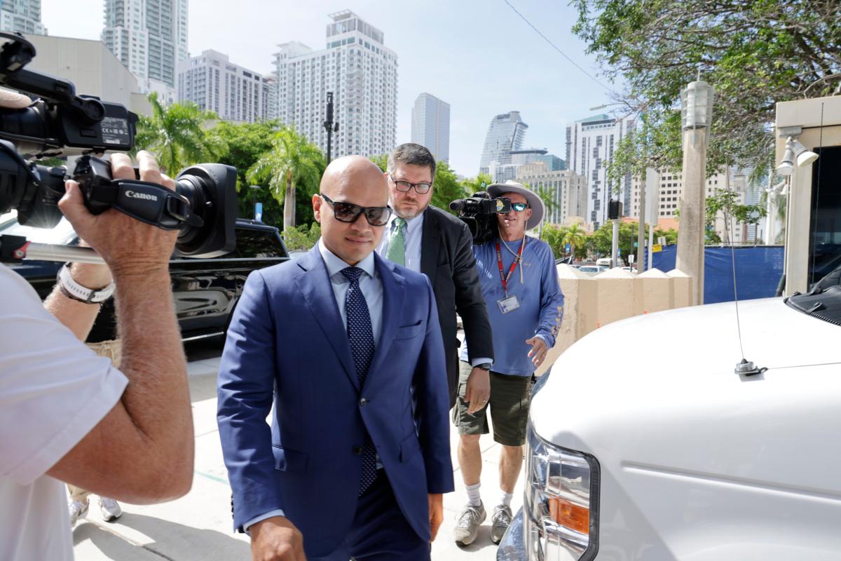 Walt Nauta, valet to former President Donald Trump and a co-defendant in federal charges filed against Mr. Trump, arrives with lawyer Stanley Woodward, at the James Lawrence King Federal Justice Building in Miami on July 6, 2023. (Alon Skuy/Getty Images)