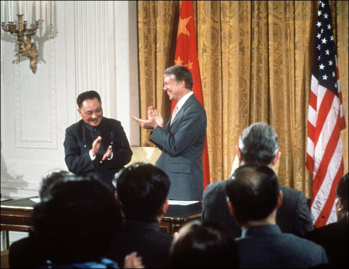 Chinese leader Deng Xiaoping and U.S. President Jimmy Carter on Jan. 31, 1979, in the White House in Washington during Deng's U.S. visit. (Consolidated Pictures/AFP via Getty Images)