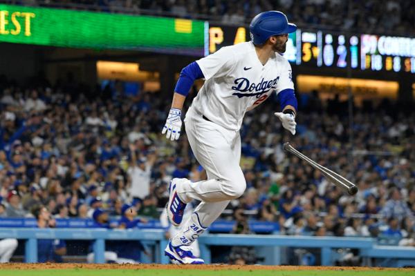 Los Angeles Dodgers' J.D. Martinez heads to first after hitting a three-run home run during the fifth inning of a baseball game against the Pittsburgh Pirates in Los Angeles on July 5, 2023. (Mark J. Terrill/AP Photo)