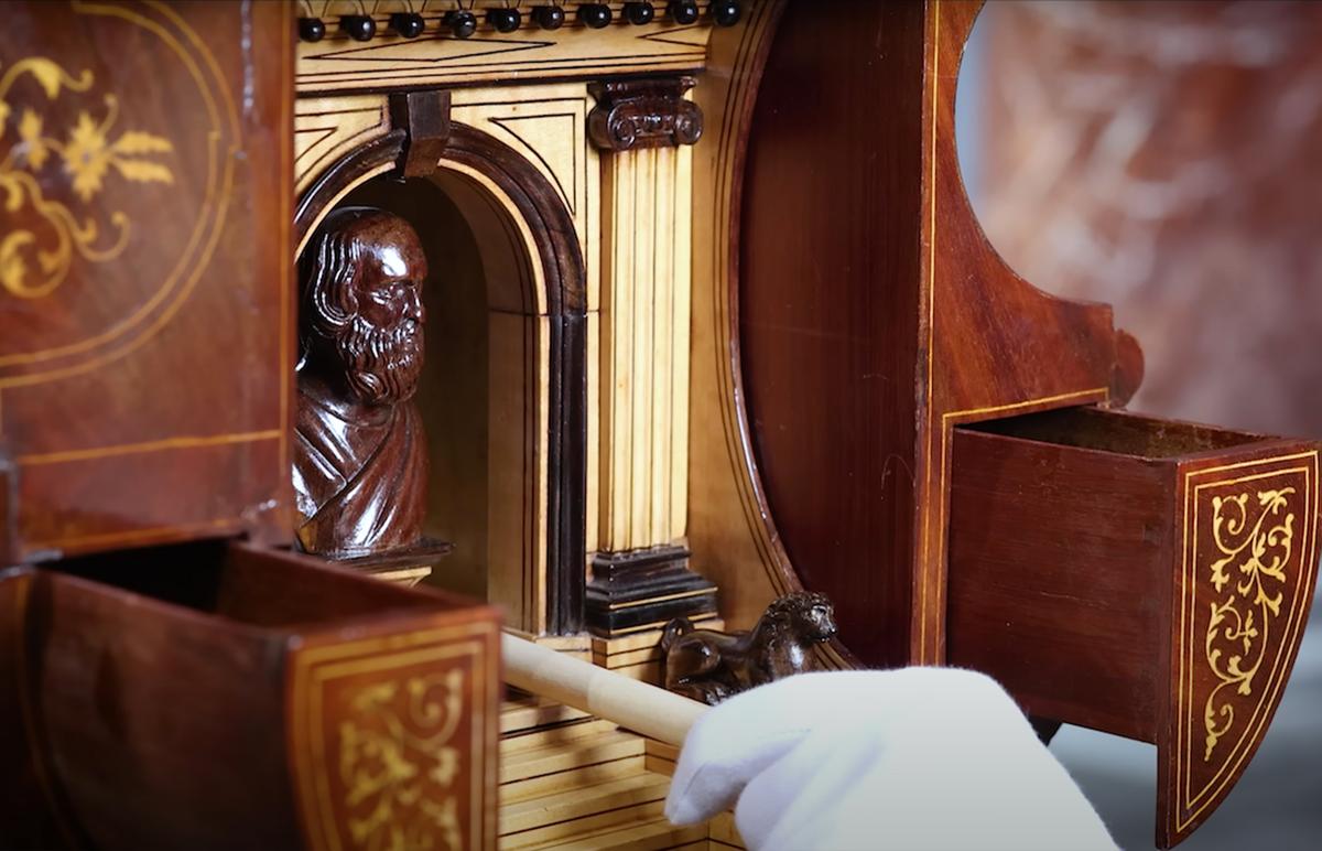 More secret compartments are stored within, each of which is released by a series of button mechanisms. (Courtesy of <a href="https://rauantiques.com/">M.S. Rau, News Orleans</a>)