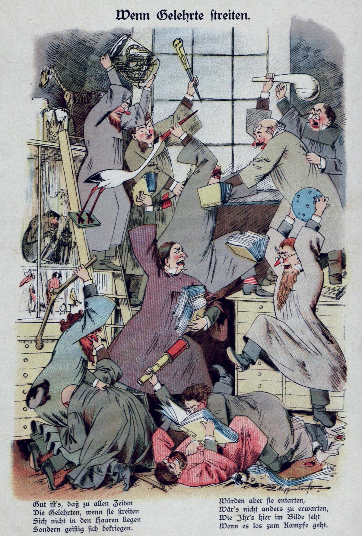 "When Scholars Argue," 1890, from Humoristic Monthly Magazines. The translation of the text on the image: It is good that at all times, the scholars, when they argue don’t get into a bar-fight, but just intellectually spar with each other. But WERE things to get physical, one wouldn't be wrong to imagine that it would look something like what you see in the picture here, when they get into it. (Public Domain)