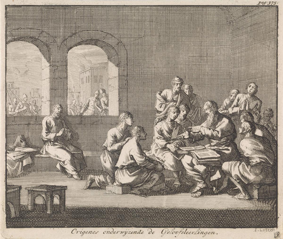 A book illustration of Origen teaching the catechism to a group of students, 1700, by Jan Luyken. Rijksmuseum, Amsterdam. (Public Domain)
