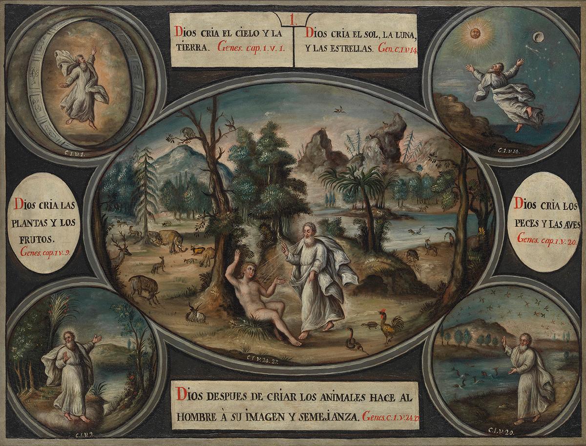 Episodes in the book of "Genesis" with God creating the sun, moon, and stars, animals, and man in his image. (<a href="https://commons.wikimedia.org/wiki/File:Episodes_in_the_book_of_Genesis_Wellcome_L0069387.jpg">Wellcome Images</a>/ <a href="https://creativecommons.org/licenses/by/4.0/deed.en">CC BY 4.0</a>)
