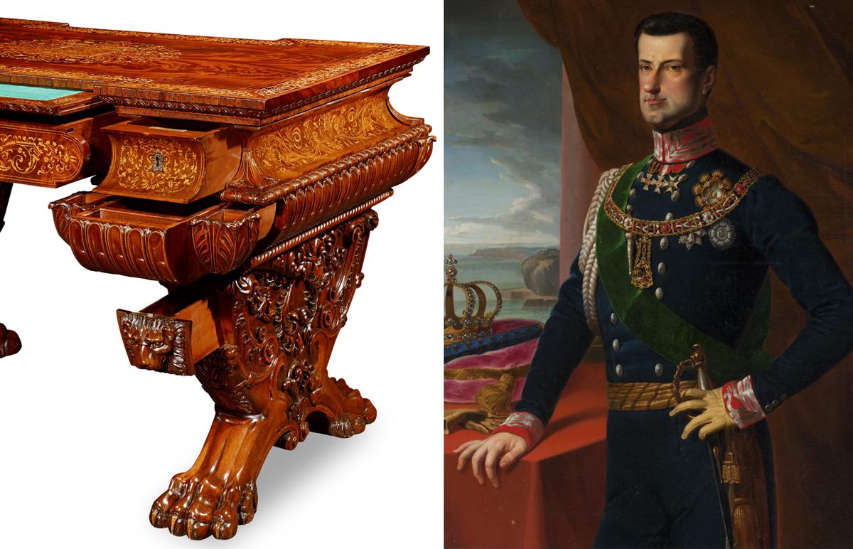 (Left) A detail of King Carlo Alberto of Sardinia's writing desk (Courtesy of <a href="https://rauantiques.com/">M.S. Rau, News Orleans</a>); (Right) A portrait of King Carlo Alberto of Sardinia (1798-1849) painted circa 1831-1833. (<a href="https://commons.wikimedia.org/wiki/File:Ritratto_di_S.M._Carlo_Alberto_di_Savoia.png">Public Domain</a>)