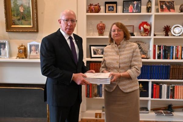 The Commissioner for the Royal Commission into the Robodebt Scheme Catherine Holmes delivers her report to Governor General David Hurley at Government House in Canberra, Friday, July 7, 2023.