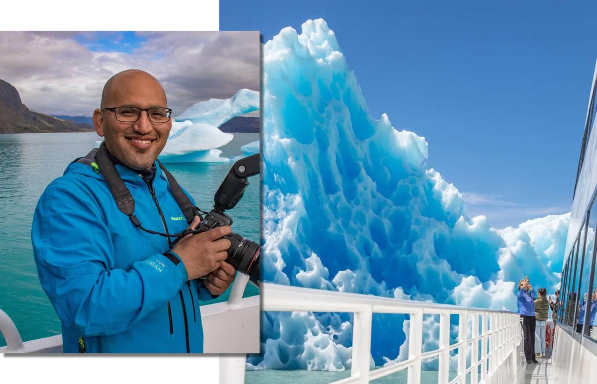 (Left) A recent portrait of the photographer; (Right) Luis Alejandro Acharez and sightseers aboard a catamaran touring the icebergs in Los Glaciares National Park, Argentina. (Courtesy of <a href="https://www.instagram.com/luigi.fotografia.en.patagonia/">Luis Alejandro Acharez</a>)