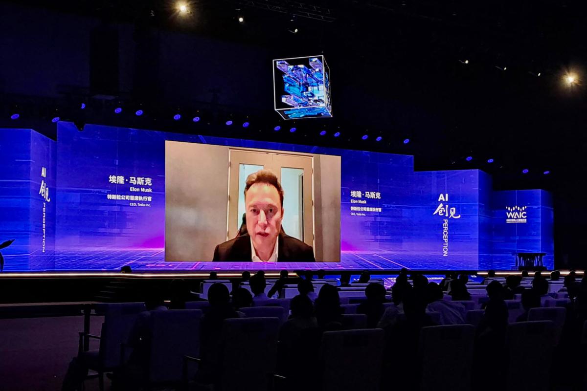 Tesla CEO Elon Musk speaks via video link at the opening ceremony of the World Artificial Intelligence Conference (WAIC) in Shanghai, China, on July 6, 2023. (Rebecca BaileyAFP via Getty Images)