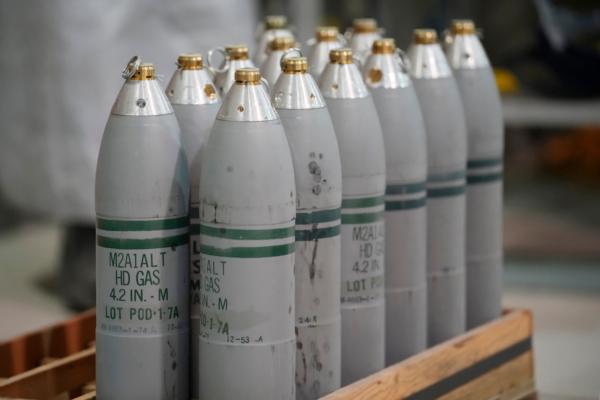 Canisters of mustard gas, part of the U.S. chemical weapons stockpile, wait for destruction at the U.S. Army Pueblo Chemical Depot in Pueblo, Colo., on June 8, 2023. (AP Photo/David Zalubowski)