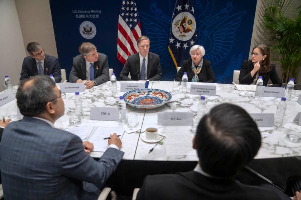 Treasury Secretary Janet Yellen (2nd R) speaks at a climate finance roundtable discussion at the U.S. Embassy in Beijing on July 8, 2023. (Mark Schiefelbein/AFP via Getty Images)