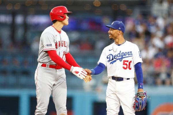 Mookie Betts (50) of the Los Angeles Dodgers and Shohei Ohtani (17) of the Los Angeles Angels in the fourth inning at Dodger Stadium in Los Angeles on July 7, 2023. (Ronald Martinez/Getty Images)