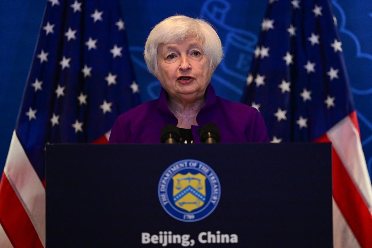 U.S. Treasury Secretary Janet Yellen speaks during a press conference at the Beijing American Center of the U.S. Embassy in Beijing, on July 9, 2023. (Pedro Pardo/AFP via Getty Images)