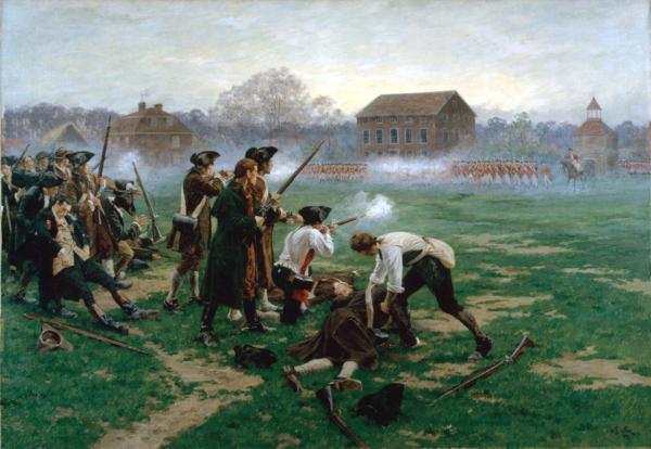 Dr. Joseph Warren played a key role in the Battle of Lexington and Concord. Battle of Lexington, 1910, by William Barnes Wollen. National Army Museum website. (Public Domain)