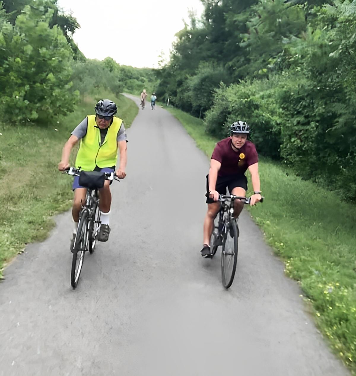 Mr. Eckenrode riding on the trail with his grandson, Nick Rendulic. (Courtesy of Susan Rendulic via <a href="https://nsga.com/">National Senior Games</a>)