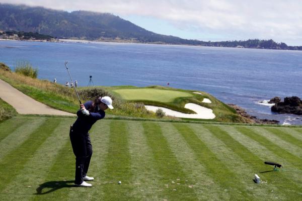 Allisen Corpuz hits tee shot on hole #7 during the final round of the U.S. Women's Open golf tournament at the Pebble Beach Golf Links, in Pebble Beach, Calif., on July 9, 2023. (Darron Cummings/AP Photo)