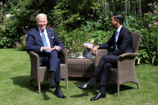 President Joe Biden speaks with British Prime Minister Rishi Sunak in the garden of 10 Downing Street on July 10, 2023 in London, England. (Suzanne Plunkett-WPA Pool/Getty Images)