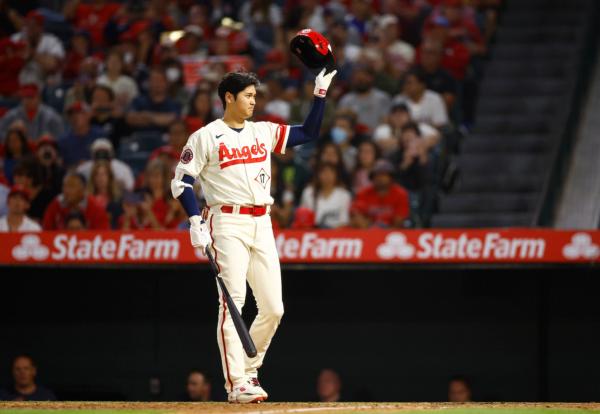 Shohei Ohtani (17) of the Los Angeles Angels in the ninth inning at Angel Stadium of Anaheim in Anaheim, Calif., on July 1, 2023. (Ronald Martinez/Getty Images)