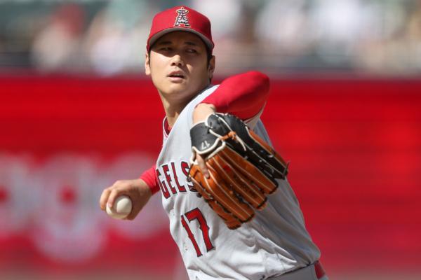 Shohei Ohtani (17) of the Los Angeles Angels pitches during the first inning of a game against the San Diego Padres at PETCO Park in San Diego, Calif., on July 4, 2023. (Sean M. Haffey/Getty Images)
