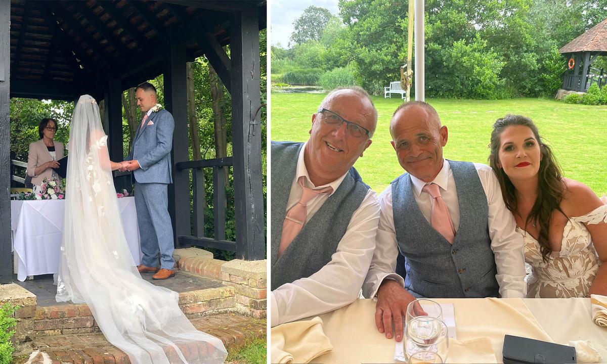 (Left) Amy Walkinshaw, 31, and Ryan Walkinshaw, 31, say their vows; (Right) Dad Andy Collins, 58, stepdad Jeff Bennett, 64, and Amy Walkinshaw, 31, pose for a photo on her big day. (SWNS)
